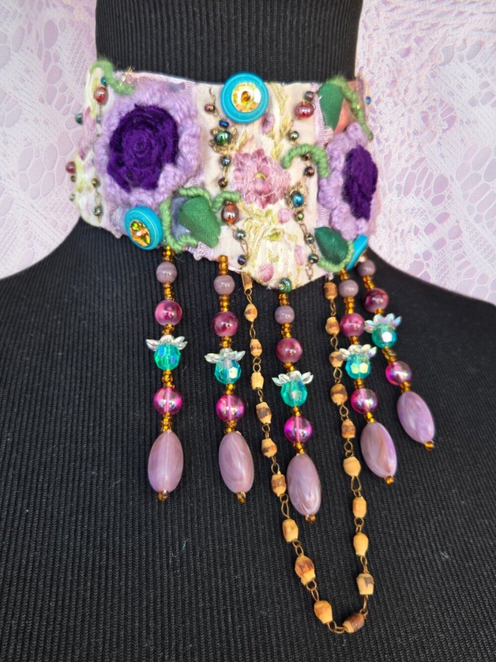 Handmade Purple and Lavender Embroidered Rose Choker Necklace Mermaidcore